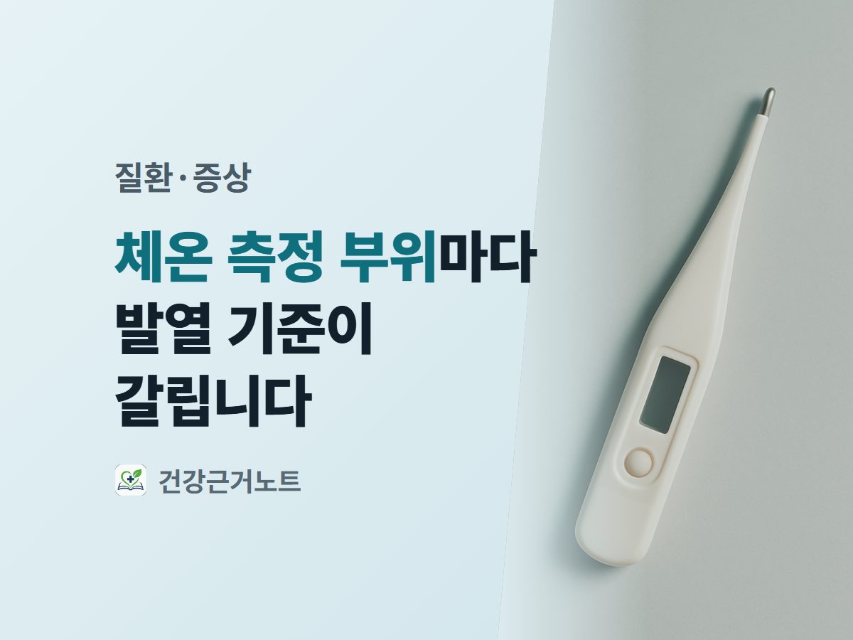 화면이 꺼진 디지털 체온계 사진 옆에 체온 측정 부위마다 발열 기준이 갈린다는 제목을 놓은 표지