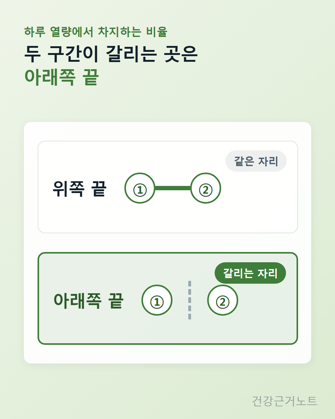 하루 열량에서 탄수화물이 차지하는 비율 구간 두 개를 놓고 위쪽 끝은 같은 자리, 아래쪽 끝은 갈리는 자리로 표시한 도식