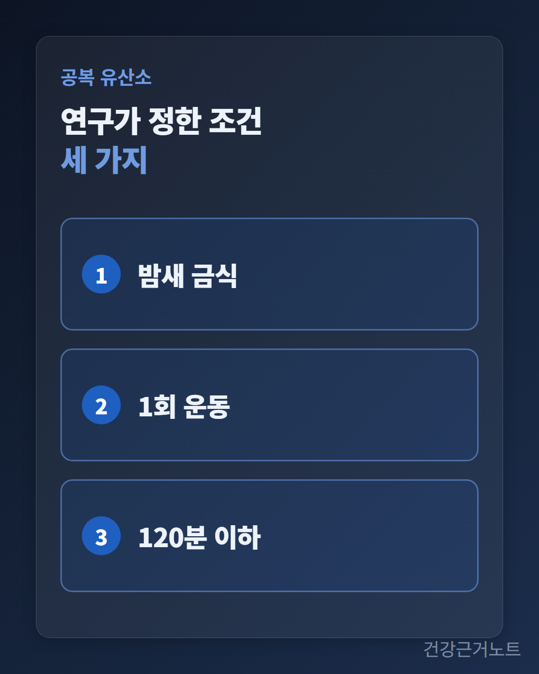 공복 유산소 연구가 정한 조건으로 밤새 금식과 1회 운동과 120분 이하가 카드 세 장에 적힌 세로 카드