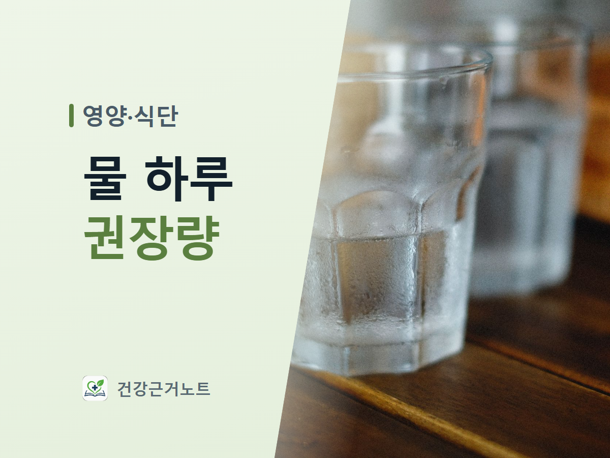왼쪽에 영양·식단이라고 적고 물 하루 권장량을 두 줄로 크게 적은 다음, 오른쪽에 나무 탁자 위 물이 담긴 유리컵 사진을 대각선으로 붙인 표지 이미지