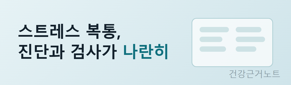 스트레스 복통의 진단과 검사가 나란히 적혀 있다는 한 줄과, 한 장의 문서 위에 두 줄이 나란히 놓인 가로 배너