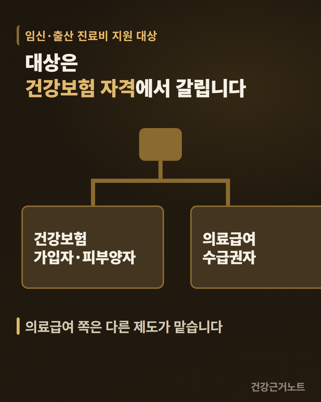 임신·출산 진료비 지원 대상이 글자 없는 판정 칸에서 두 갈래로 내려가 건강보험 가입자·피부양자 칸과 의료급여 수급권자 칸으로 갈리고 의료급여 쪽 칸은 화면 오른쪽 가장자리에서 잘려 나간 세로 도식