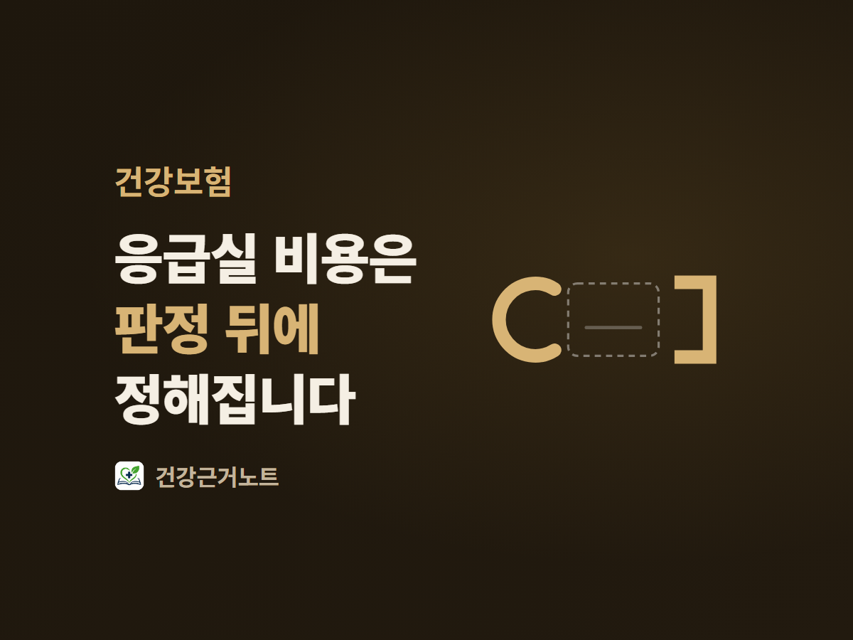 건강보험 라벨 아래 응급실 비용은 판정 뒤에 정해집니다라는 제목을 왼쪽에 놓고, 오른쪽에 가운데 짧은 줄표 하나만 든 점선 네모 칸을 둥근 표시와 각진 표시가 서로 닿지 않은 채 양쪽에서 물고 있는 표지