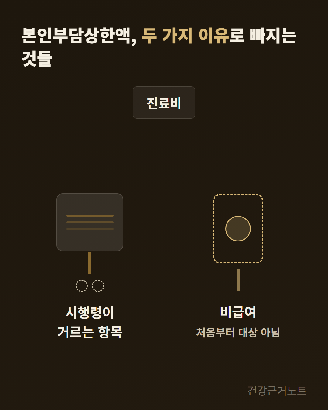 본인부담상한액 계산에서 항목이 빠지는 이유가 하나가 아니라는 것을, 진료비 카드에서 갈라지는 두 개의 카드 — 시행령이 거르는 항목과 처음부터 대상이 아닌 비급여 — 로 보여주는 그래픽
