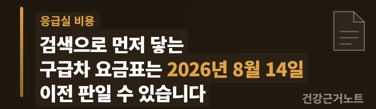 응급실 비용이라는 머리말 아래 검색으로 먼저 닿는 구급차 요금표는 2026년 8월 14일 이전 판일 수 있습니다라는 문장을 세 줄로 놓고, 왼쪽에 세로 바를 오른쪽에 모서리가 한 번 접힌 문서 기호를 흐리게 둔 가로 배너