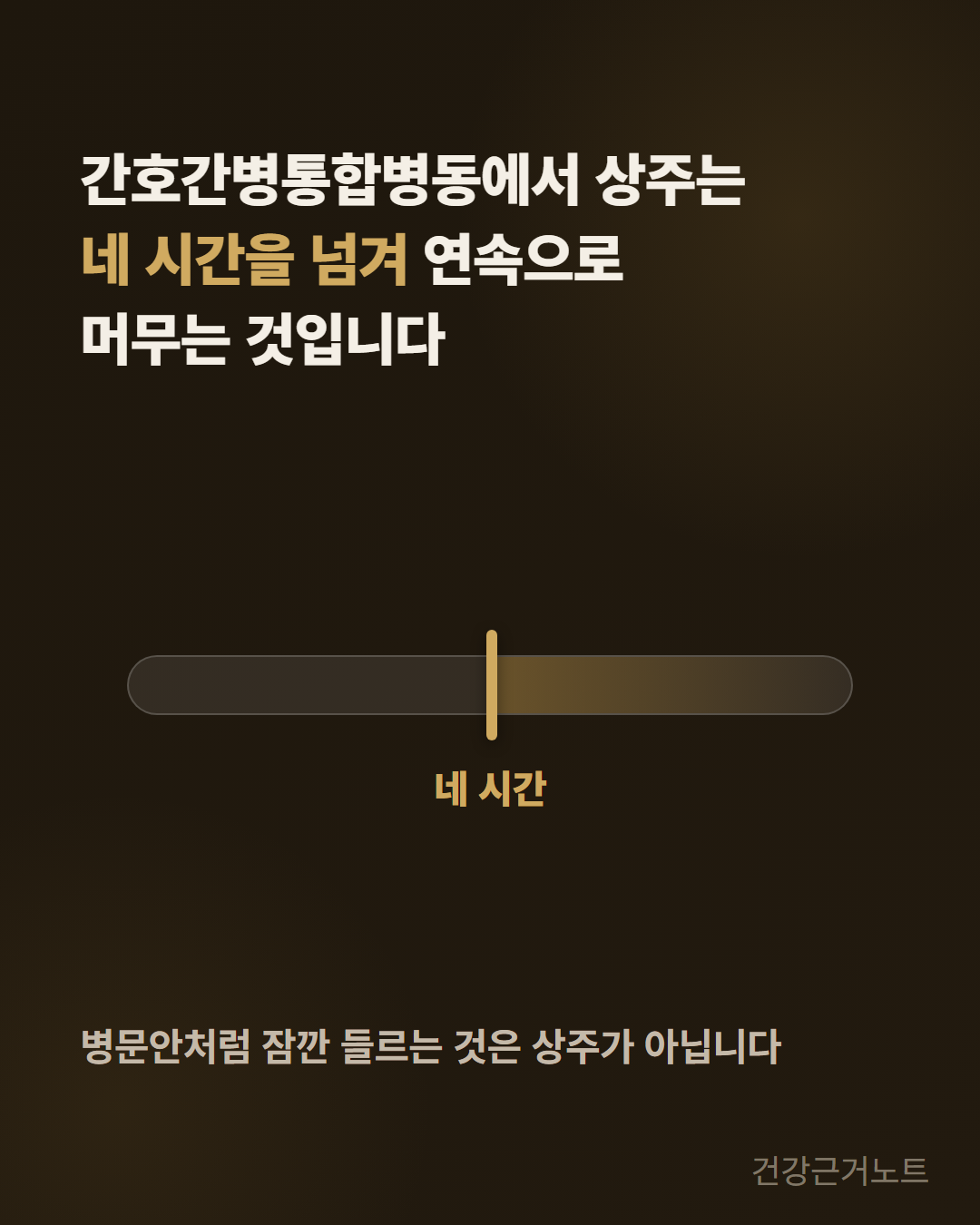 가로로 놓인 시간 띠 가운데에 네 시간이라고 이름 붙인 경계 마디 하나가 서 있고 마디 오른쪽이 밝게 구분된 카드로, 간호간병통합병동에서 상주는 네 시간을 넘겨 연속으로 머무는 것이라는 문장과 병문안처럼 잠깐 들르는 것은 상주가 아닙니다라는 문장이 함께 적혀 있다