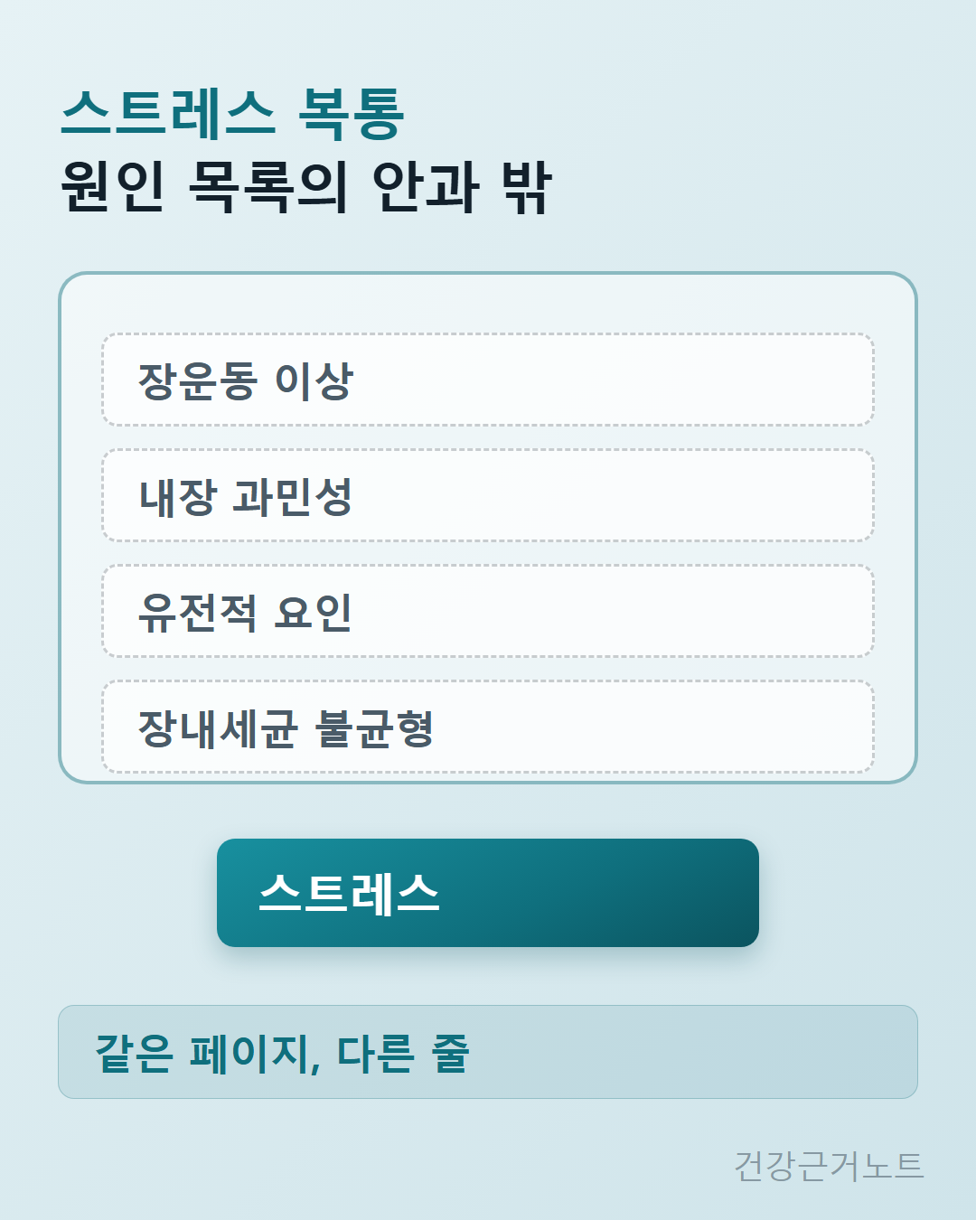 스트레스 복통의 원인 자리를 그린 세로 도식으로, 테두리 안에 장운동 이상 내장 과민성 유전적 요인 장내세균 불균형 네 칩이 놓이고 테두리 바깥 아래에 스트레스 칩 하나가 따로 놓여 있음