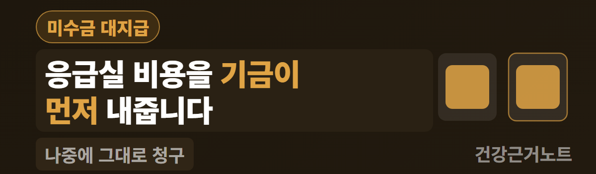 미수금 대지급이라는 머리말 아래 응급실 비용을 기금이 먼저 내줍니다라는 문장을 두 줄로 놓고, 오른쪽에 같은 크기 네모 덩어리 둘을 나란히 두어 오른쪽 것만 테두리로 감쌌으며 왼쪽 아래에 나중에 그대로 청구라는 배지를 붙인 가로 배너