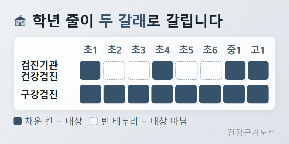 초1부터 고1까지 여덟 학년을 가로로 놓고 그 아래 검진기관 건강검진과 구강검진 두 줄에 학생 건강검진 대상 학년은 채운 칸으로, 대상이 아닌 학년은 점선 칸으로 표시한 표