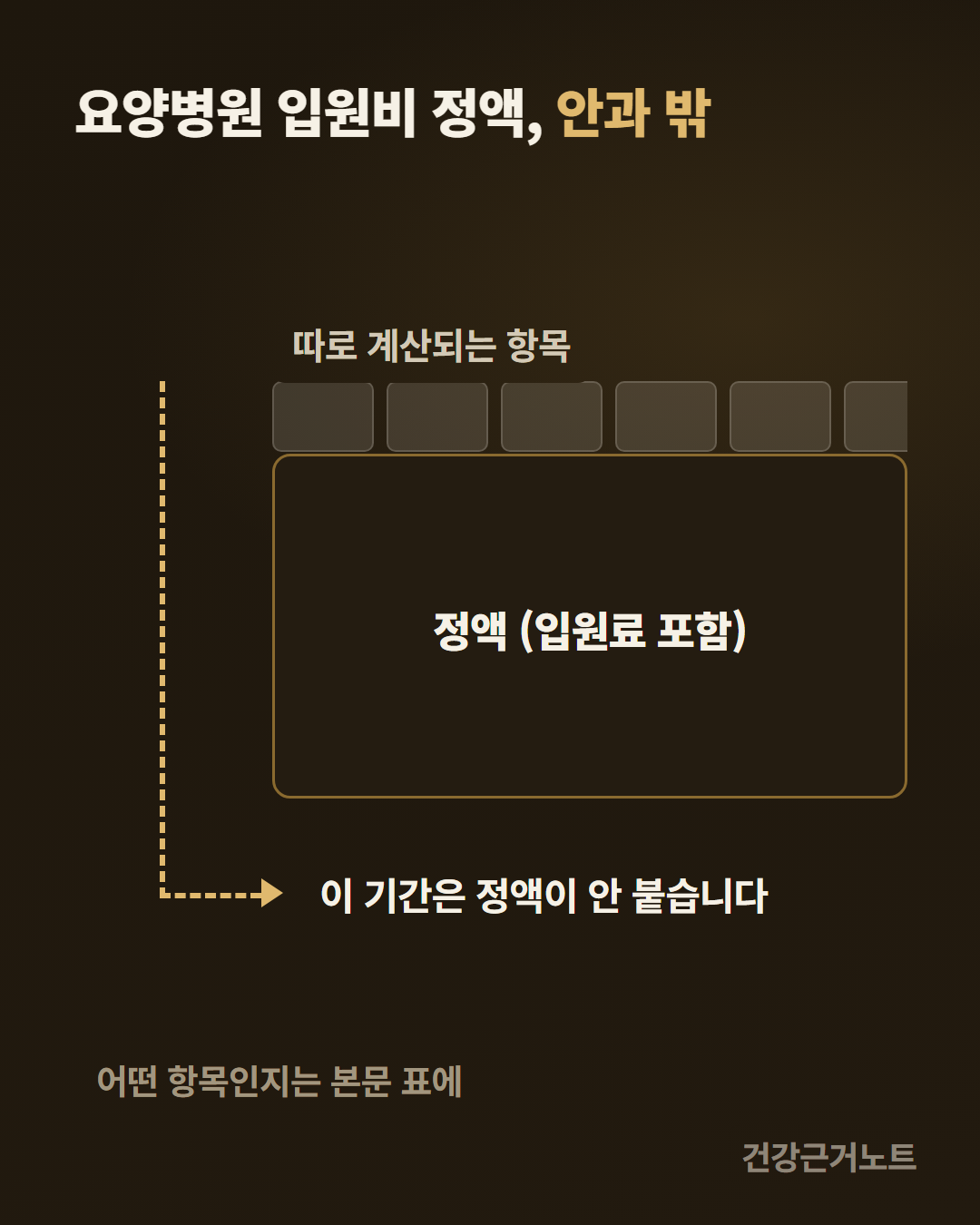 요양병원 입원비 정액의 안과 밖이라는 제목 아래에, 정액 입원료 포함이라고 적힌 큰 상자 위로 따로 계산되는 항목이 이름 없는 얇은 칸들로 얹혀 오른쪽 끝에서 잘려 있고, 왼쪽에서 점선 화살표가 그 상자를 비켜 내려가 이 기간은 정액이 안 붙는다고 적힌 곳을 가리키며, 맨 아래에 어떤 항목인지는 본문 표에 있다고 적힌 도식