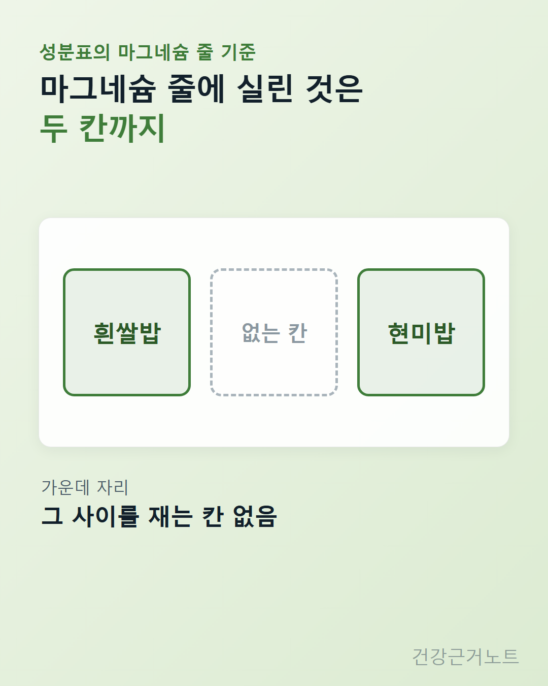 성분표의 마그네슘 줄에서 흰쌀밥 칸과 현미밥 칸이 같은 크기로 놓이고 그 사이 자리는 점선 빈 칸으로 남은 도식