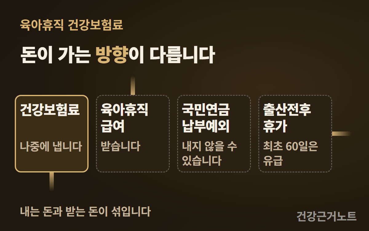 육아휴직 건강보험료는 나중에 내고 육아휴직 급여는 받으며 출산전후휴가는 최초 60일이 유급이라는 네 칸 가운데 세 칸에서만 짧은 막대가 아래와 위와 옆으로 뻗고 국민연금 납부예외 칸에는 막대가 없어 돈이 가는 방향이 다르다는 것을 보여주는 가로 그림