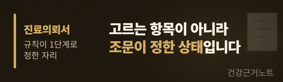 진료의뢰서라고 적힌 라벨 옆에 고르는 항목이 아니라 조문이 정한 상태라고 한 줄로 적어 둔 가로 배너