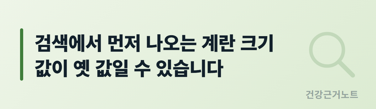 검색에서 먼저 나오는 계란 크기 값이 옛 값일 수 있습니다라고 적힌 가로 배너로, 왼쪽에 초록 세로 바가 있고 오른쪽에 옅은 돋보기 도형이 놓여 있다
