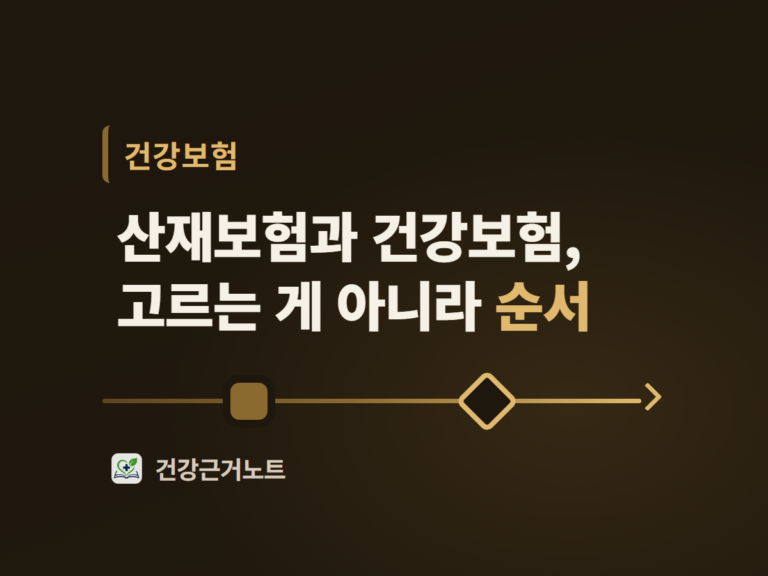 산재보험과 건강보험, 고르는 게 아니라 순서라고 적힌 표지. 제목 아래 가로선 하나 위에 채워진 사각 표시와 테두리만 있는 마름모 표시가 앞뒤로 놓이고 선 끝이 오른쪽 화살표로 이어진다