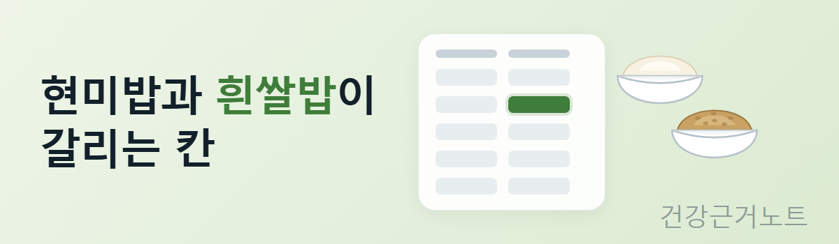 현미밥과 흰쌀밥 두 열이 있는 성분표 카드와 밥그릇 두 개를 놓고 한 칸만 진하게 표시한 배너