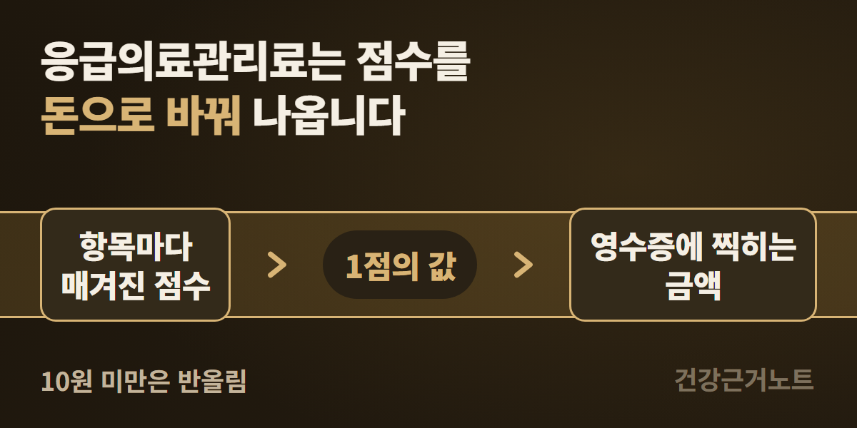 응급의료관리료는 점수를 돈으로 바꿔 나옵니다라는 제목 아래, 가로 띠 위에 항목마다 매겨진 점수 카드와 1점의 값이라 적힌 알약 모양 칸과 영수증에 찍히는 금액 카드를 왼쪽에서 오른쪽으로 놓고 그 사이를 오른쪽 방향 표시 두 개로 이은 도식, 왼쪽 아래에 10원 미만은 반올림