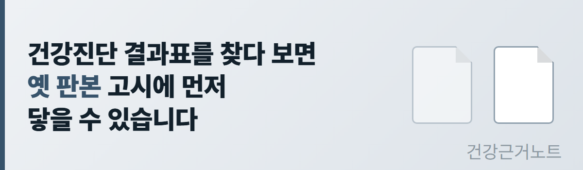 건강진단 결과표 판본 확인 건강진단 결과표를 찾다 보면 옛 판본 고시에 먼저 닿을 수 있습니다라는 문장 왼쪽에 세로 바를 두고 오른쪽에 모서리가 접힌 문서 기호 두 개를 나란히 놓아 앞의 것만 흐리게 그린 가로 배너