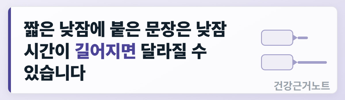 짧은 낮잠에 붙은 문장은 낮잠 시간이 길어지면 달라질 수 있다고 적은 가로 배너로, 오른쪽에 길이가 다른 막대를 단 칸 두 개가 옅게 놓여 있다