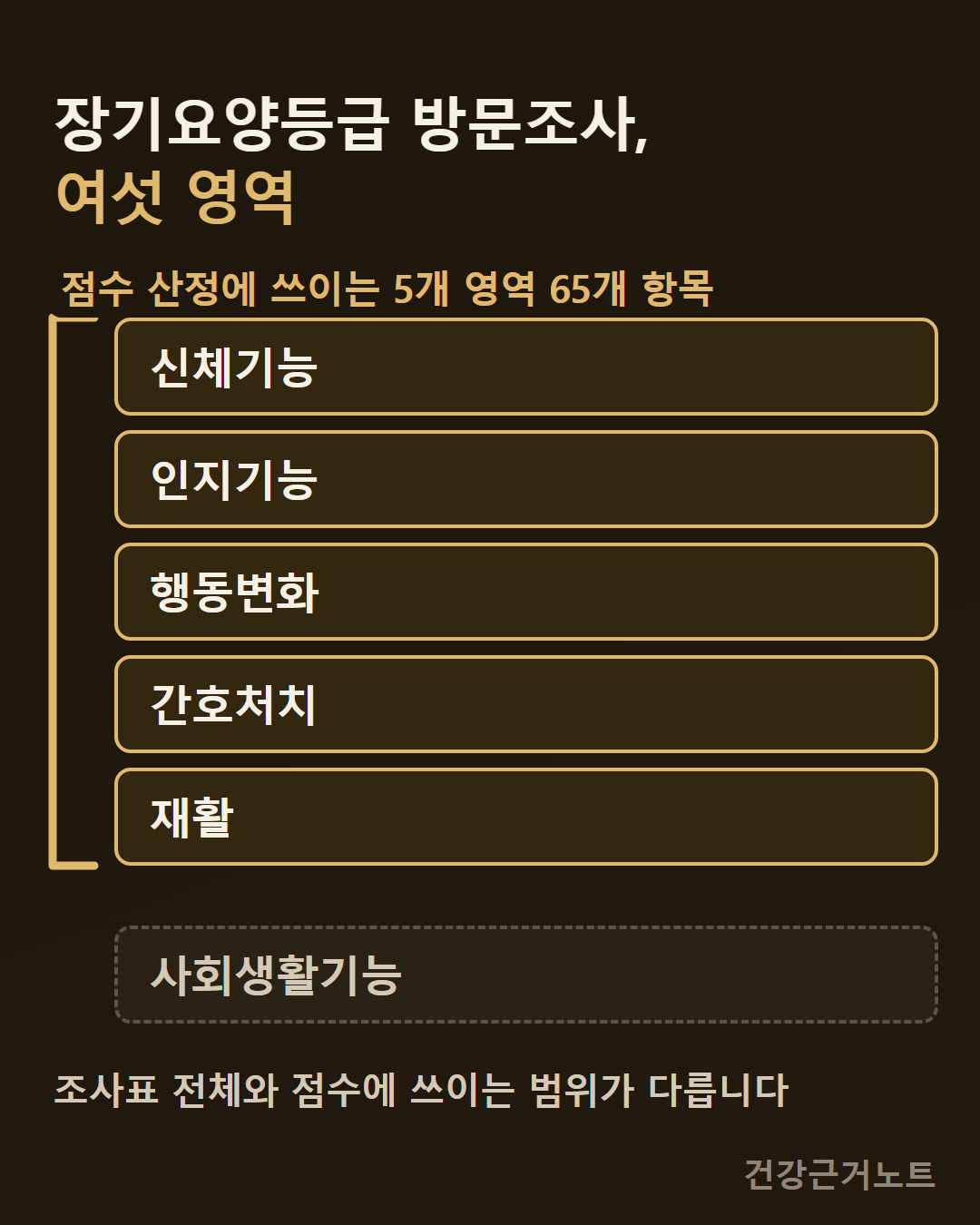 장기요양등급 방문조사가 보는 여섯 영역을 세로로 쌓고 그중 다섯 영역만 왼쪽 대괄호로 묶어 점수 산정에 쓰이는 범위로 표시한 뒤 사회생활기능은 묶음 밖 아래에 떼어 놓은 도해