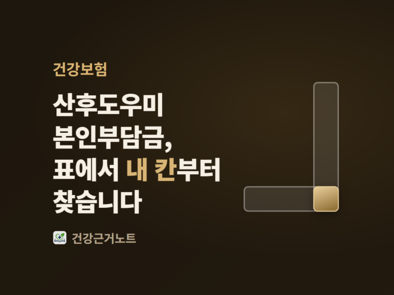 산후도우미 본인부담금을 표에서 내 칸부터 찾는다는 문장 옆에, 옅은 세로 띠와 가로 띠가 직각으로 만나고 만나는 자리의 작은 사각 한 칸만 금색으로 채워져 있는 어두운 표지