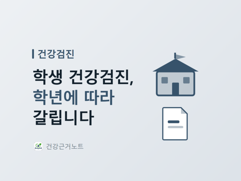 왼쪽 위에 작은 글자로 건강검진이라고 적고, 학생 건강검진은 학년에 따라 갈린다는 문구를 세 줄로 크게 적은 다음, 오른쪽에 깃발 달린 학교 건물과 줄 두 개가 그려진 문서를 위아래로 놓은 표지 이미지