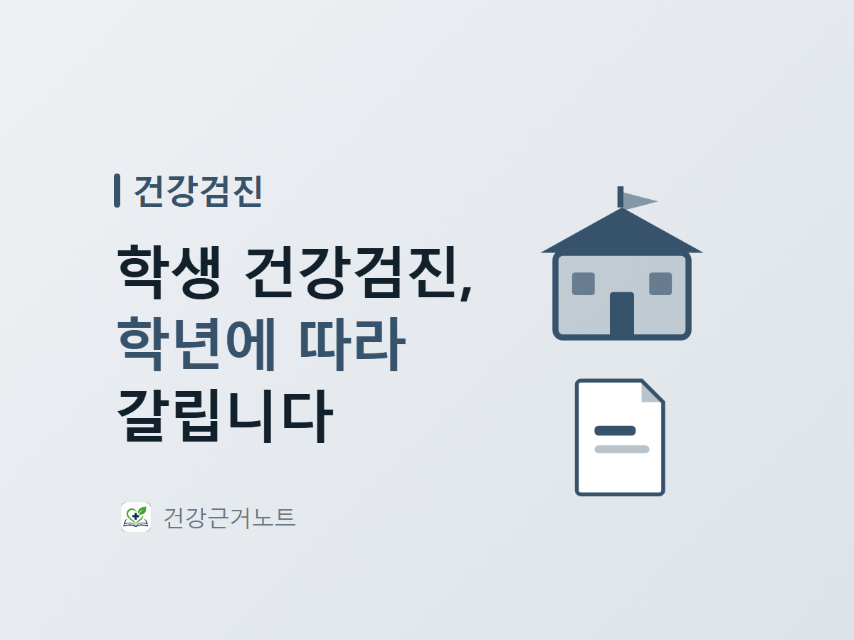 왼쪽 위에 작은 글자로 건강검진이라고 적고, 학생 건강검진은 학년에 따라 갈린다는 문구를 세 줄로 크게 적은 다음, 오른쪽에 깃발 달린 학교 건물과 줄 두 개가 그려진 문서를 위아래로 놓은 표지 이미지