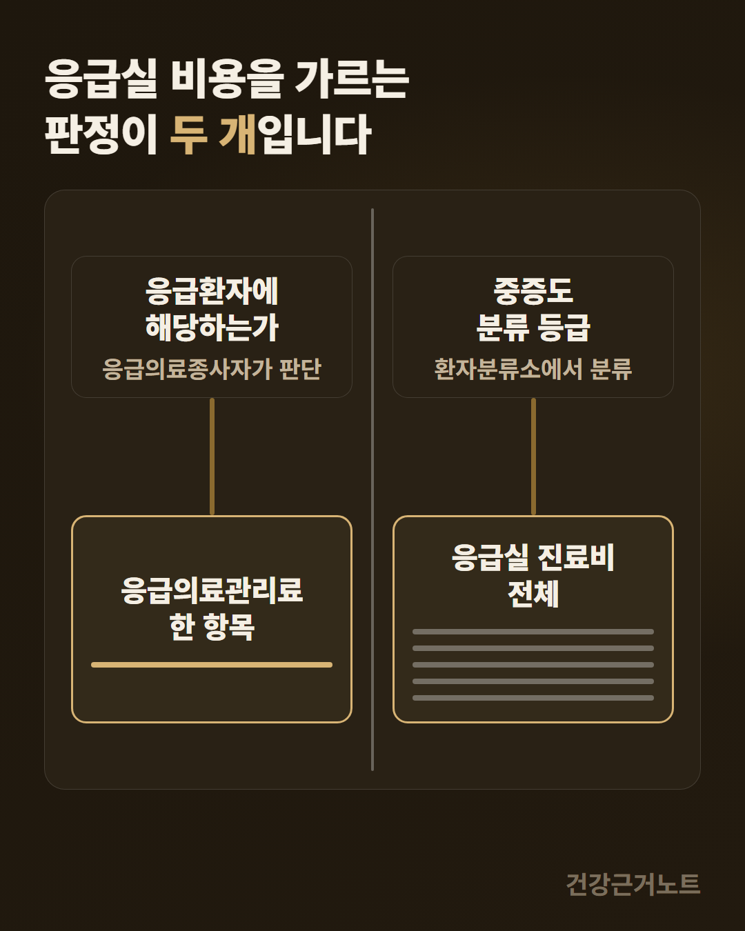응급실 비용을 가르는 판정이 두 개입니다라는 제목 아래, 가운데 세로 구분선을 두고 왼쪽은 응급환자에 해당하는가를 응급의료종사자가 판단해 밑줄 하나가 그어진 응급의료관리료 한 항목 칸으로, 오른쪽은 중증도 분류 등급을 환자분류소에서 분류해 여러 줄이 그어진 응급실 진료비 전체 칸으로 내려가는 두 갈래 도식