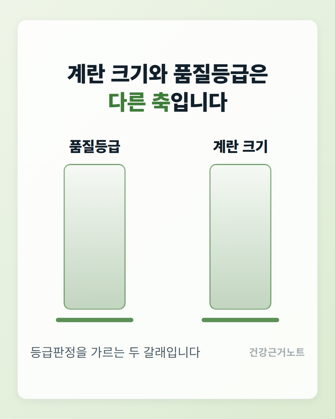 계란 크기와 품질등급은 다른 축입니다라고 크게 적힌 카드로, 품질등급과 계란 크기라는 이름이 붙은 같은 높이의 세로 기둥 두 개가 서로 만나지 않고 나란히 서 있으며 아래에 등급판정을 가르는 두 갈래입니다라고 적혀 있다