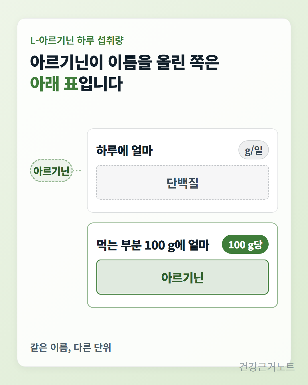 L-아르기닌 하루 섭취량 도식으로, 위 카드는 하루에 얼마를 g/일 단위로 적고 그 안에 단백질 칸이 있으며 아래 카드는 먹는 부분 100 g에 얼마를 100 g당 단위로 적고 그 안에 아르기닌 칸이 있다. 아르기닌 이름표는 위 카드 바깥 왼쪽에 점선으로 놓여 있다