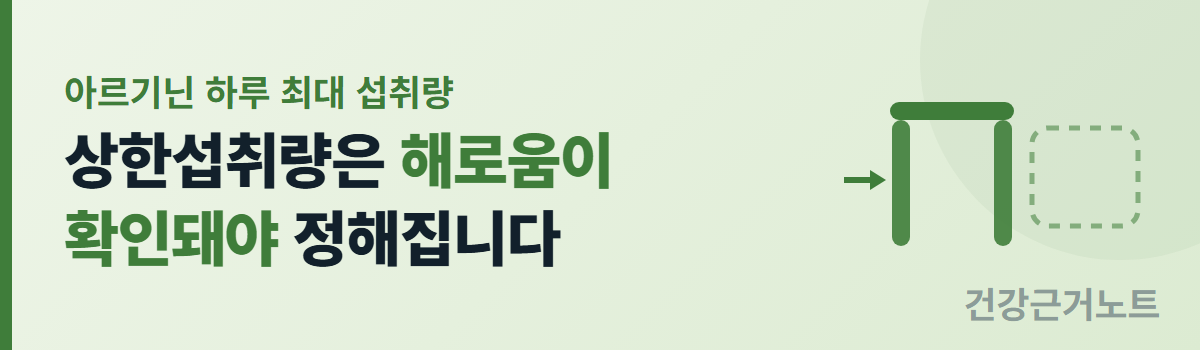 아르기닌 하루 최대 섭취량 배너로, 상한섭취량은 해로움이 확인돼야 정해진다는 문장 옆에 화살표가 문 모양 도형을 지나 점선으로 그린 빈 칸으로 이어진다