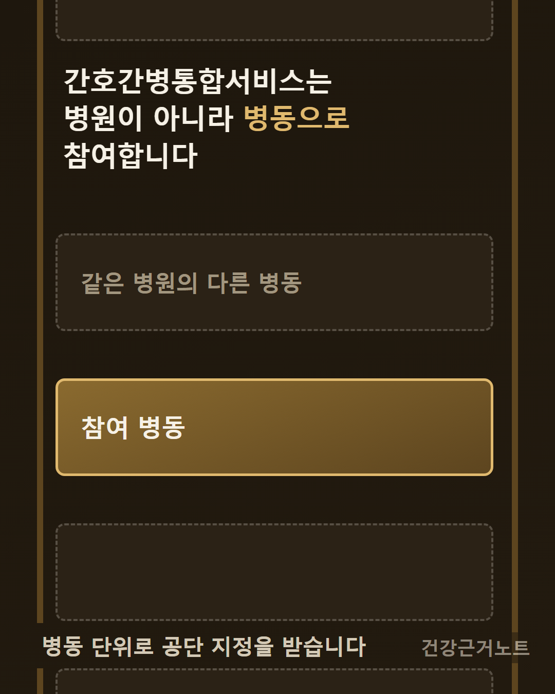 간호간병통합서비스는 병원이 아니라 병동으로 참여합니다라는 제목 아래, 건물 윤곽 안에 같은 크기의 가로 띠가 위아래로 이어지며 화면 밖으로 잘려 나가고 그중 한 줄만 참여 병동으로 진하게 채워져 있으며 바로 위 점선 줄에만 같은 병원의 다른 병동이라고 적혀 있고 나머지 점선 줄은 비어 있으며, 맨 아래에 병동 단위로 공단 지정을 받습니다라고 적힌 도식