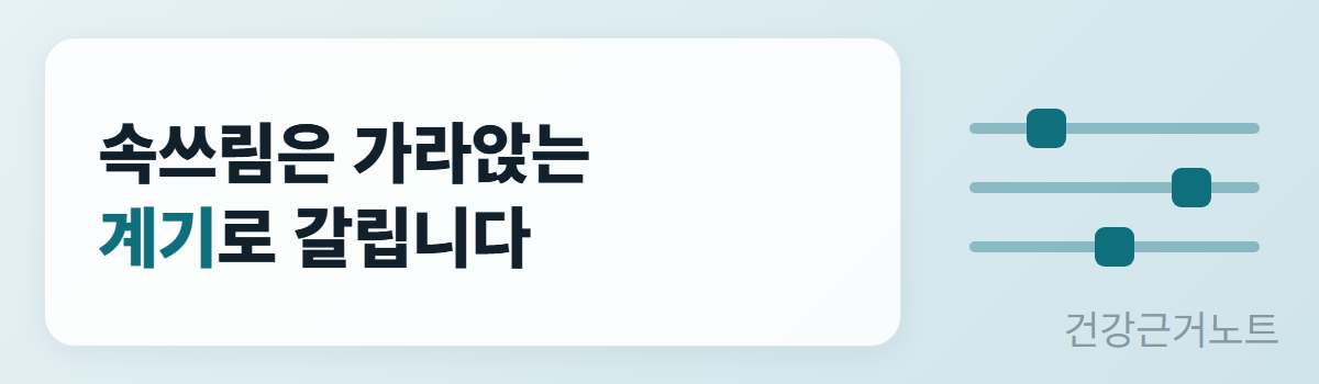 속쓰림이 가라앉는 계기로 갈린다는 한 줄과, 길이가 같은 가로줄 세 개에 마디가 저마다 다른 자리에 찍힌 섹션 배너