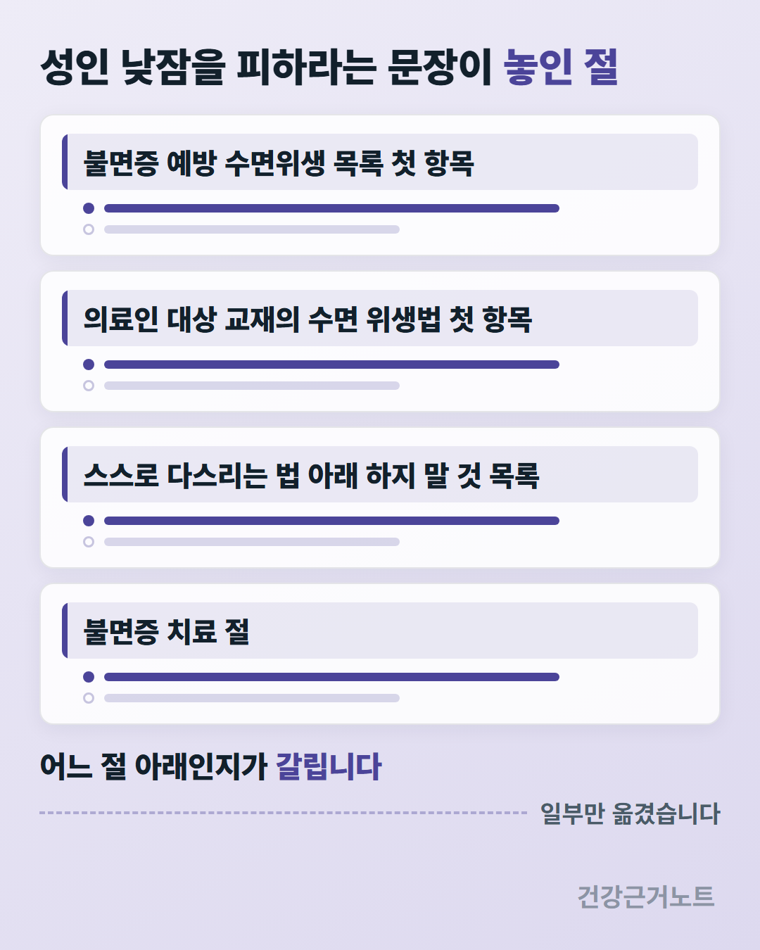 성인 낮잠을 피하라는 문장이 불면증 예방 수면위생 목록 첫 항목, 의료인 대상 교재의 수면 위생법 첫 항목, 스스로 다스리는 법 아래 하지 말 것 목록, 불면증 치료 절 네 자리에 나뉘어 놓여 어느 절 아래인지가 갈린다고 적은 카드