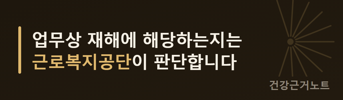 왼쪽에 액센트 세로 바를 두고 업무상 재해에 해당하는지는 근로복지공단이 판단한다고 두 줄로 적었으며, 오른쪽에 여러 선이 한 점으로 모이는 표시를 옅게 얹은 가로 안내 배너