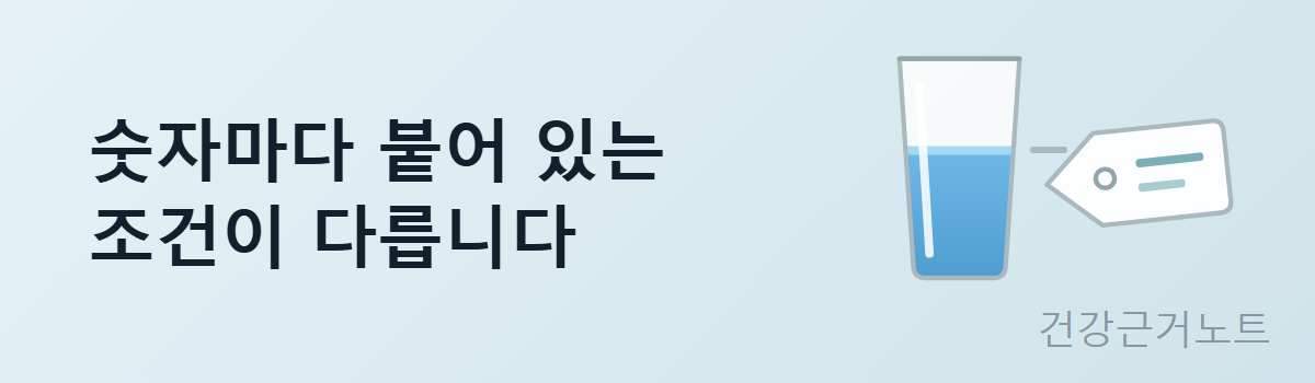 숫자마다 붙어 있는 조건이 다르다는 문구 옆에 물이 반쯤 담긴 컵과 이름표 도형을 놓은 가로 배너