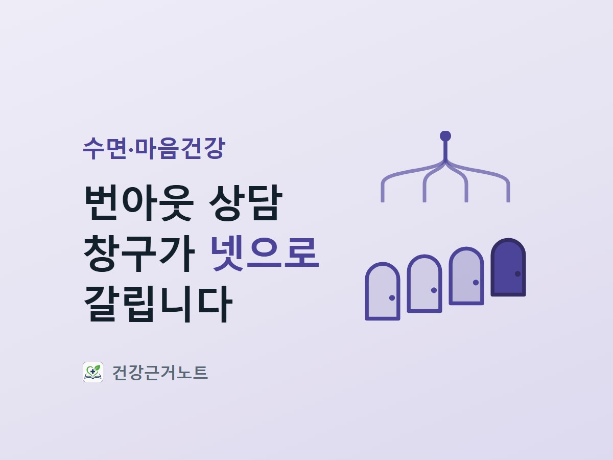 번아웃 상담 창구가 넷으로 갈린다는 제목 옆에, 한 점에서 갈라져 나온 선 네 가닥이 아치형 문 네 개로 이어지는 수면·마음건강 표지