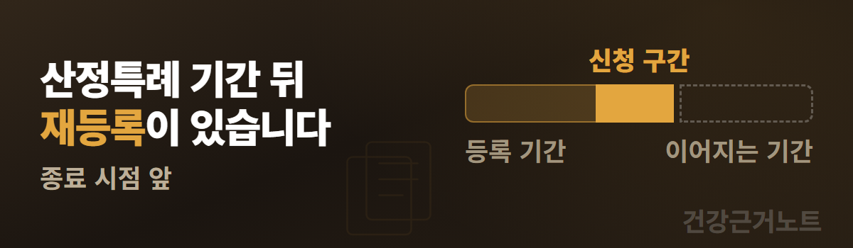 산정특례 기간 뒤 재등록이 있다는 문구 옆에 등록 기간과 신청 구간, 이어지는 기간을 이어 붙이고 신청 구간만 밝게 칠한 배너