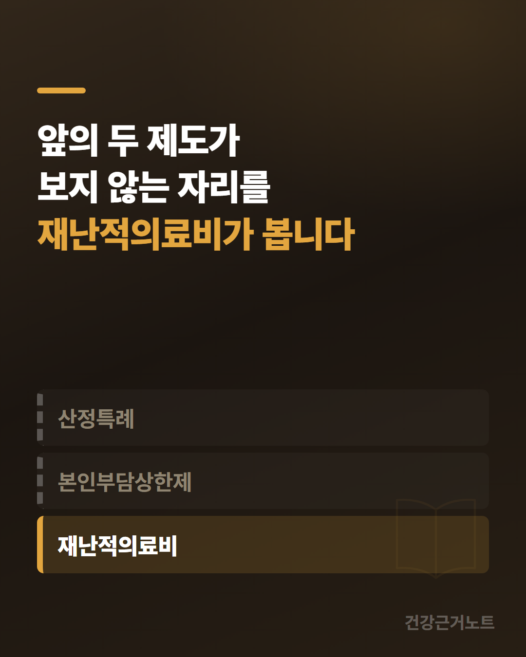 앞의 두 제도가 보지 않는 자리를 재난적의료비가 본다는 문구 아래에 산정특례와 본인부담상한제는 흐리게, 재난적의료비만 짙게 칠한 세 줄 도식
