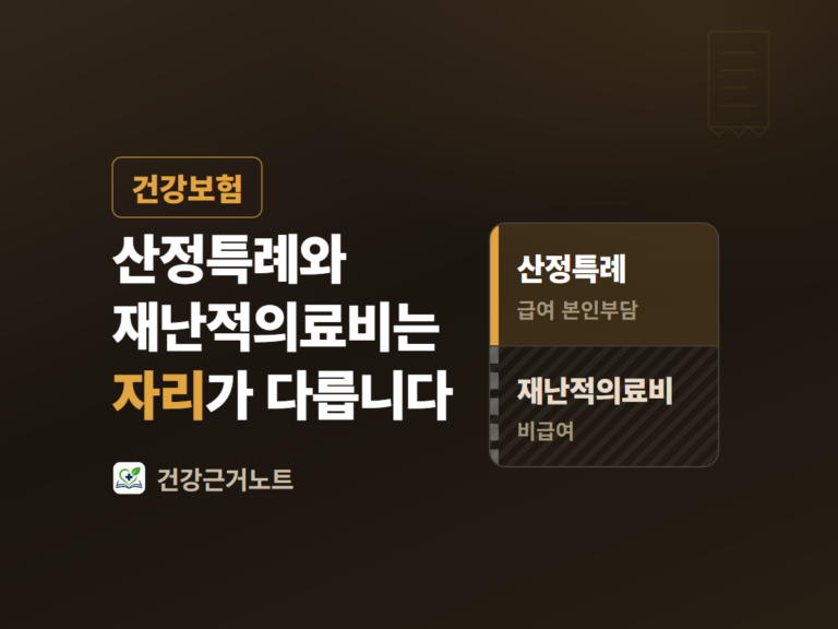 산정특례와 재난적의료비는 자리가 다르다는 제목 옆에, 위 칸에 산정특례와 급여 본인부담을 아래 칸에 재난적의료비와 비급여를 적어 둘로 나눈 카드를 놓은 건강보험 표지