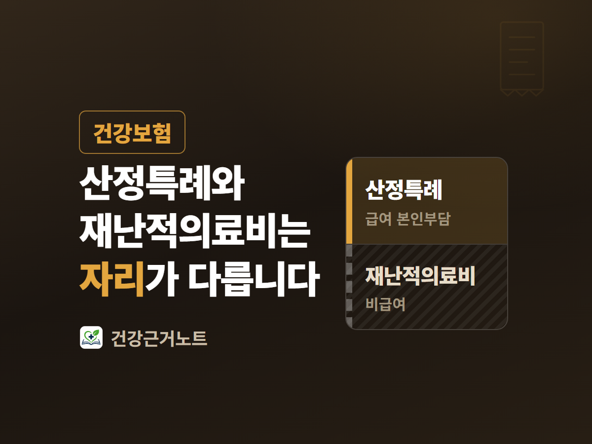 산정특례와 재난적의료비는 자리가 다르다는 제목 옆에, 위 칸에 산정특례와 급여 본인부담을 아래 칸에 재난적의료비와 비급여를 적어 둘로 나눈 카드를 놓은 건강보험 표지