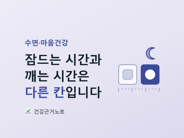 잠드는 시간과 깨는 시간은 다른 칸이라는 제목 옆에, 초승달 아래로 밝은 칸과 어두운 칸을 나란히 놓고 그 밑에 눈금선을 그은 수면·마음건강 표지