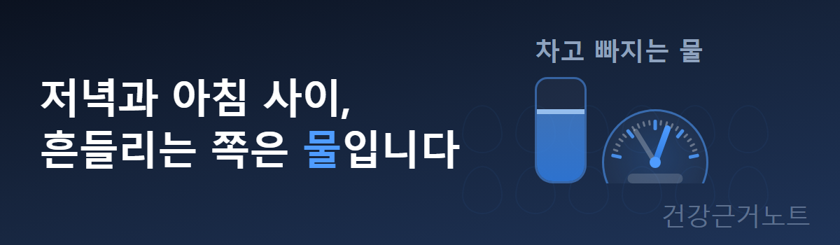 저녁과 아침 사이에 흔들리는 쪽은 물이라는 문구 옆에 차고 빠지는 물을 나타낸 물통과 계기판 도형을 놓은 가로 배너