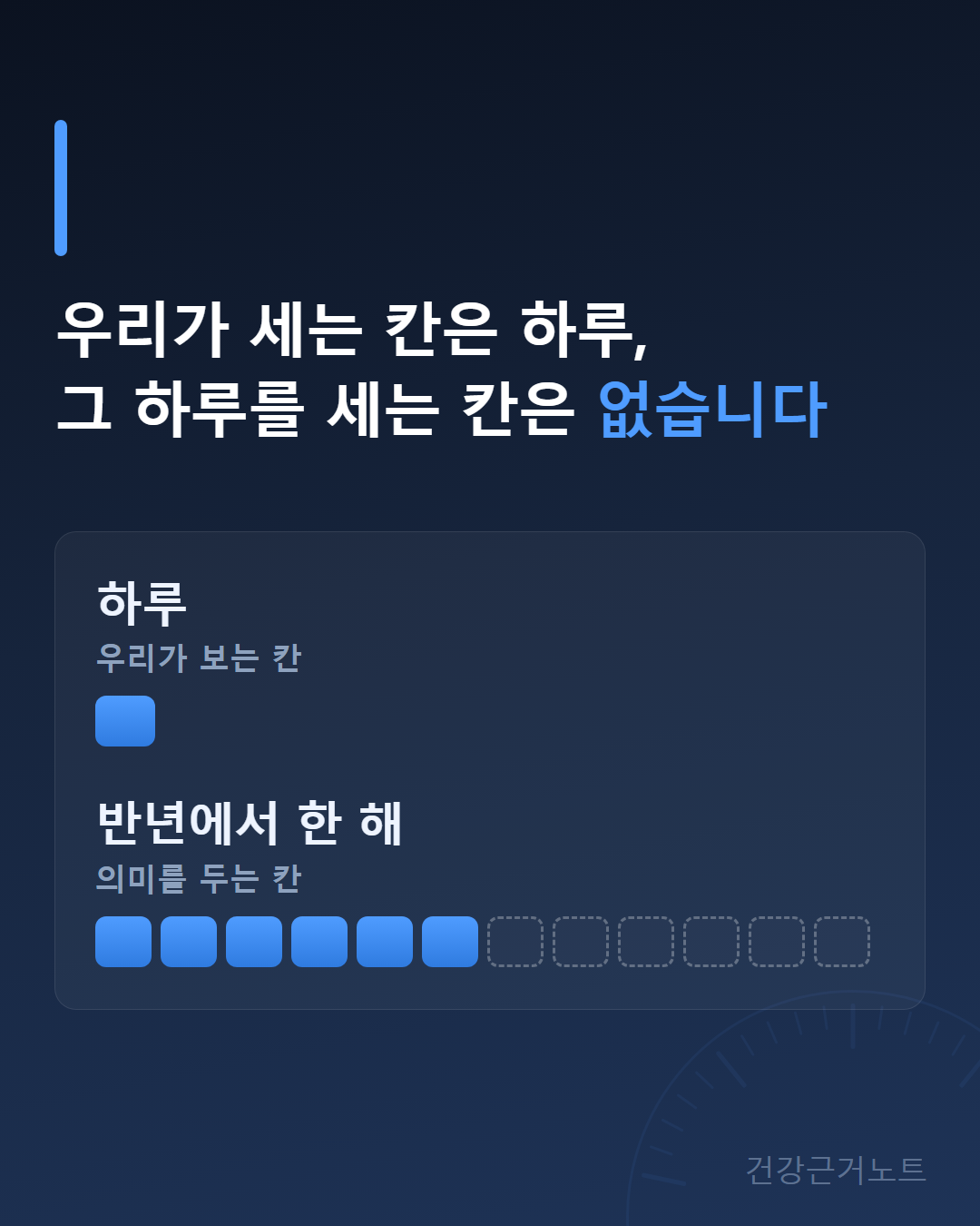 우리가 세는 칸은 하루인데 그 하루를 세는 칸은 없다는 문구 아래, 하루를 네모 한 칸으로 반년에서 한 해를 여섯 칸이 채워진 줄로 견준 도식