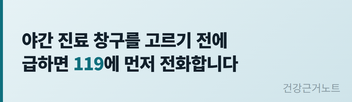 야간 진료 창구를 고르기 전에 급하면 119에 먼저 전화하라는 두 줄을 왼쪽 끝 세로 액센트 바 옆에 담은 가로 주의 배너