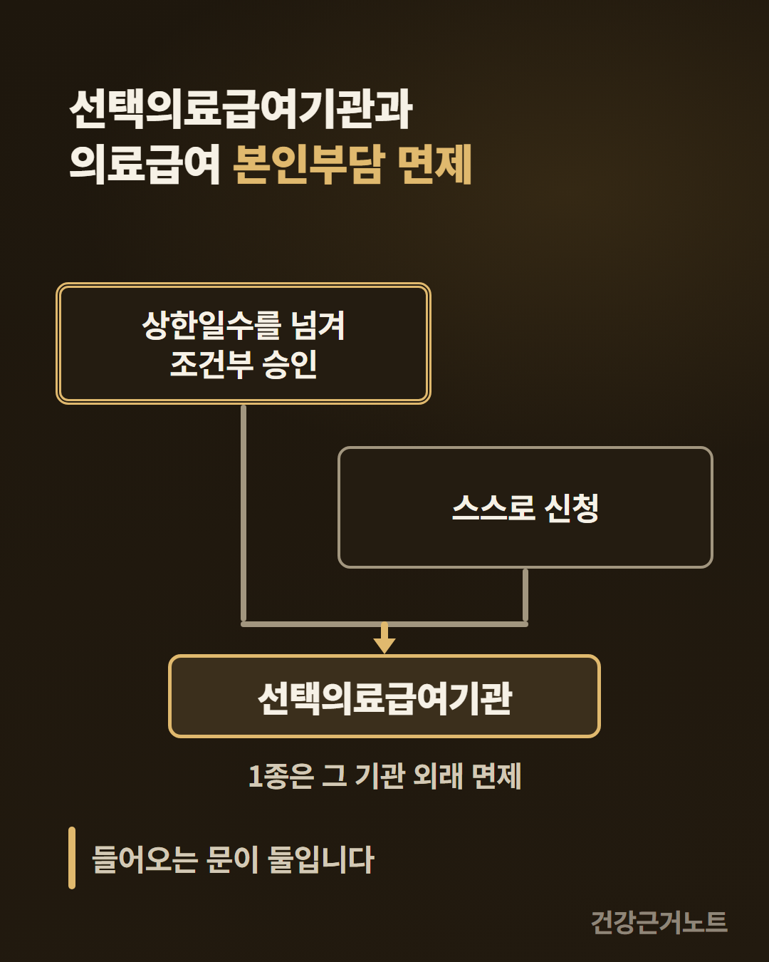선택의료급여기관 본인부담 면제 선택의료급여기관과 의료급여 본인부담 면제를 제목으로 두고, 상한일수를 넘겨 조건부 승인과 스스로 신청 두 상자에서 내려온 선이 한 자리에서 만나 선택의료급여기관 칸으로 들어가며 그 아래 1종은 그 기관 외래 면제라고 적은 도식