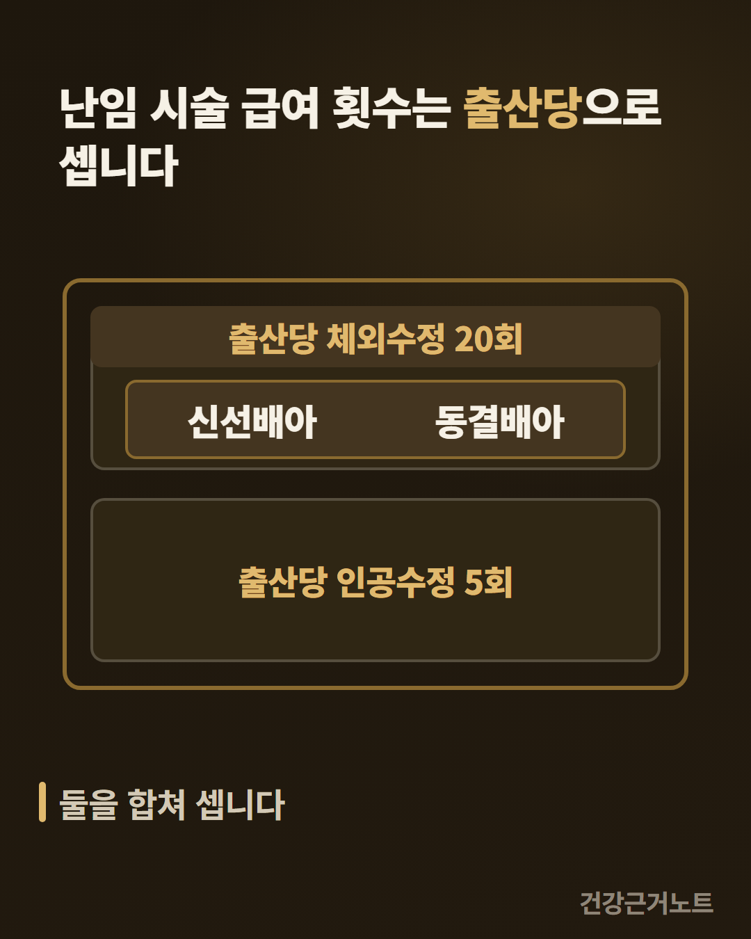 난임 시술 급여 횟수를 출산당으로 센다는 것을 바깥 테두리 하나 안의 같은 크기 두 묶음으로 보여주고 위 묶음 안에서 신선배아와 동결배아를 가르는 선 없이 한자리에 놓고 아래 묶음에는 안쪽 칸을 두지 않은 그림