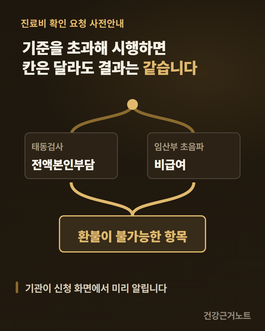 진료비 확인 요청 사전안내로, 기준을 초과해 시행하면 칸은 달라도 결과는 같다는 제목 아래에서 한 점이 두 갈래로 갈라져 태동검사는 전액본인부담, 임산부 초음파는 비급여로 서로 다른 칸에 내려갔다가 환불이 불가능한 항목 하나로 다시 모이는 카드