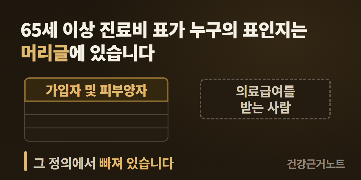 65세 이상 진료비 표의 머리글 띠에는 가입자 및 피부양자가 적혀 있고 본체 행은 비어 있으며, 의료급여를 받는 사람 칩은 그 표 바깥 오른쪽에 점선으로 따로 놓인 가로 도식