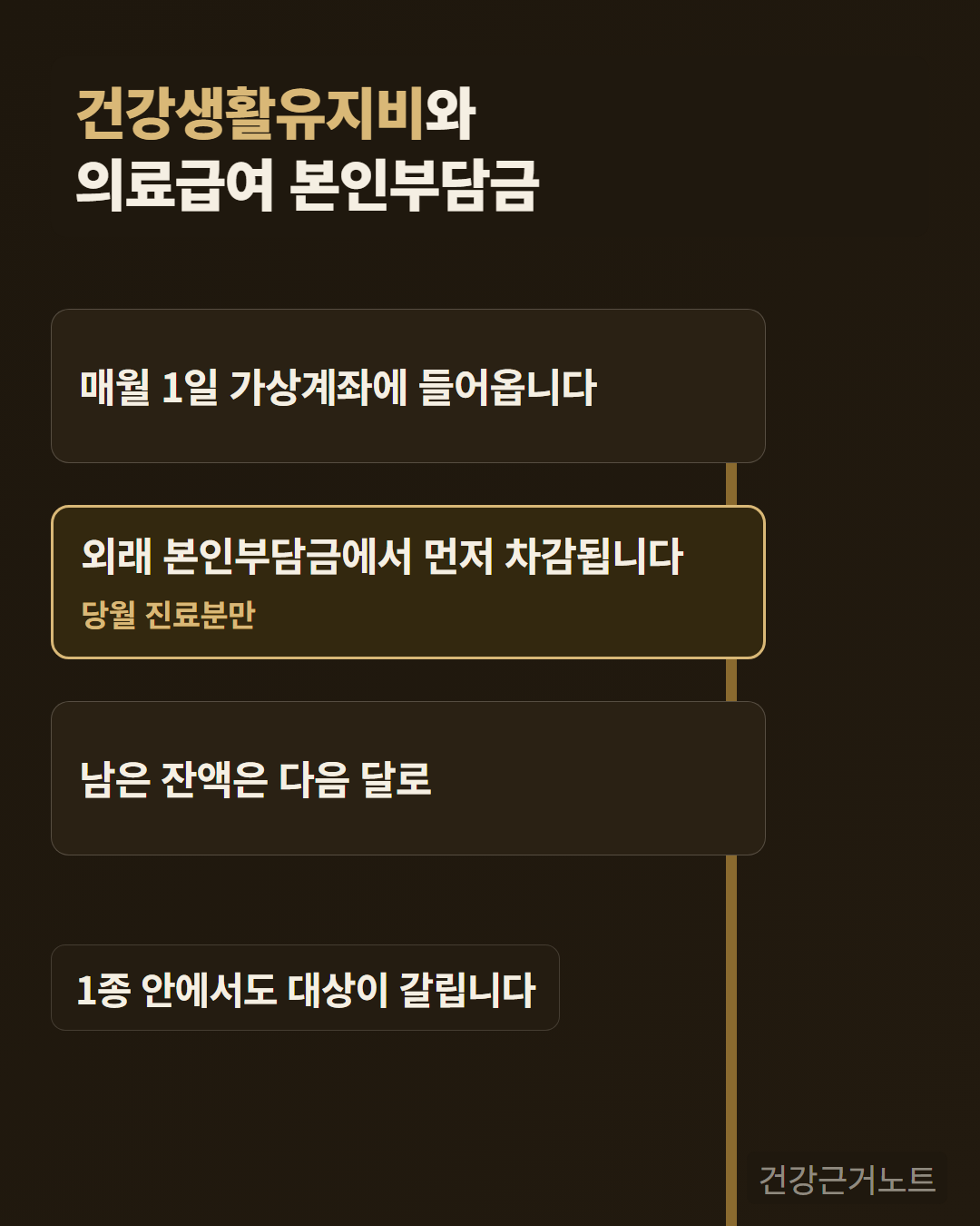 건강생활유지비 본인부담금 차감 건강생활유지비가 매월 1일 가상계좌에 들어와 외래 의료급여 본인부담금에서 먼저 차감되고 남은 잔액은 다음 달로 넘어가는 세 마디를 카드로 쌓은 뒤, 1종 안에서도 대상이 갈린다고 덧붙이고 오른쪽 세로 줄이 화면 아래로 이어지는 카드